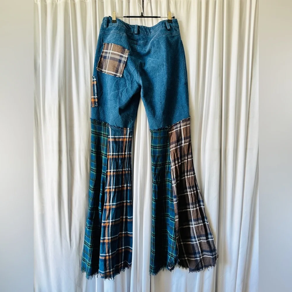 Dolls Kill Blue Plaid Patchwork Flare Pants - Picture 3 of 12